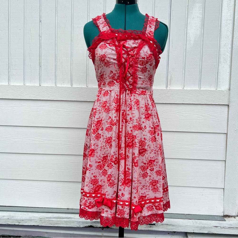 Body Line: Lolita Style Red Midi Floral Lace Dress w/ Bows. Women’s One Size.